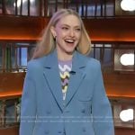 Amanda Seyfried’s blue blazer and swirl print top on The Kelly Clarkson Show