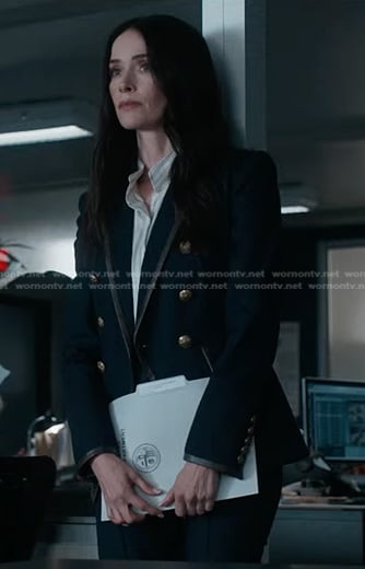 Amber’s navy leather-trim blazer on 9-1-1