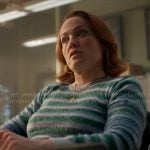 Angie’s blue and green striped fluffy sweater on Will Trent