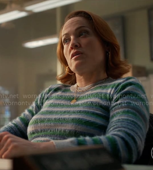 Angie's blue and green striped fluffy sweater on Will Trent