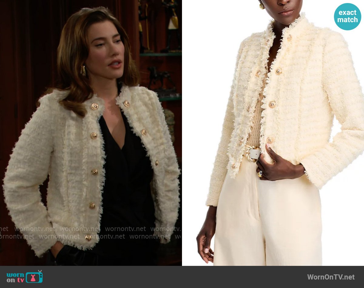 Aqua Fringe Tweed Jacket in Vanilla worn by Steffy Forrester (Jacqueline MacInnes Wood) on The Bold and the Beautiful