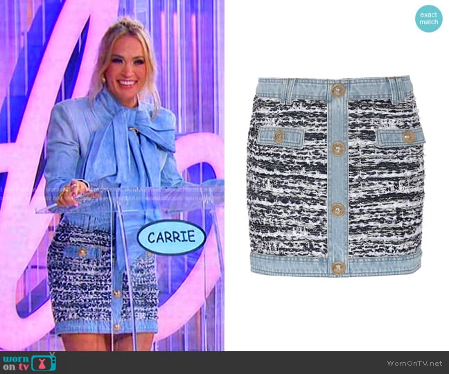 Balmain Tweed and denim Mini Skirt worn by Carrie Underwood on American Idol