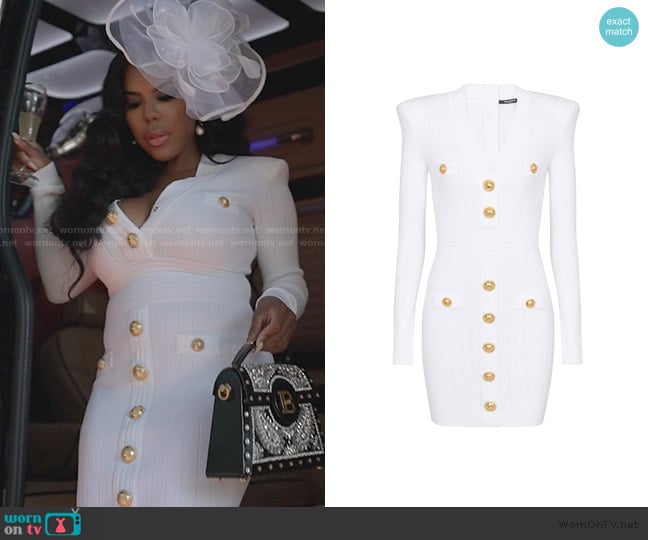 Balmain Button-embellished knitted minidress worn by Kelli Ferrell on The Real Housewives of Atlanta