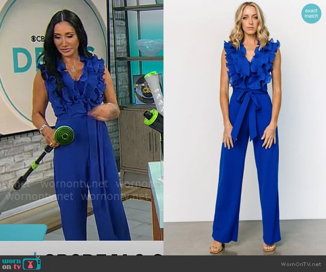 Baltic Born Tyra Ruffle Tank Jumpsuit in Cobalt worn by Elizabeth Werner on CBS Mornings