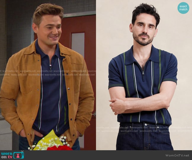 Johnny’s navy striped zip polo on Days of our Lives