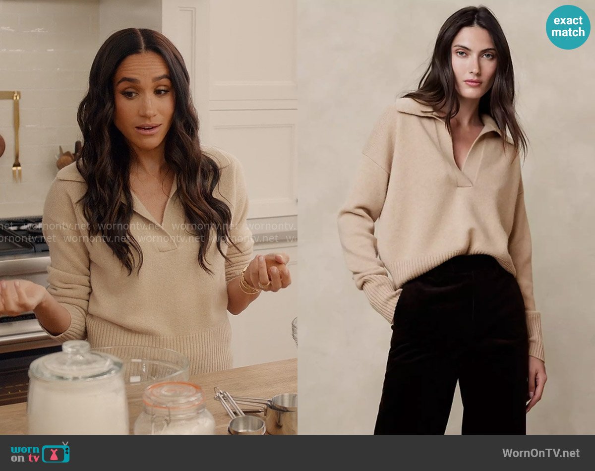 Banana Republic Luna Cashmere Sweater Polo in Light Camel worn by Meghan Markle on With Love Meghan