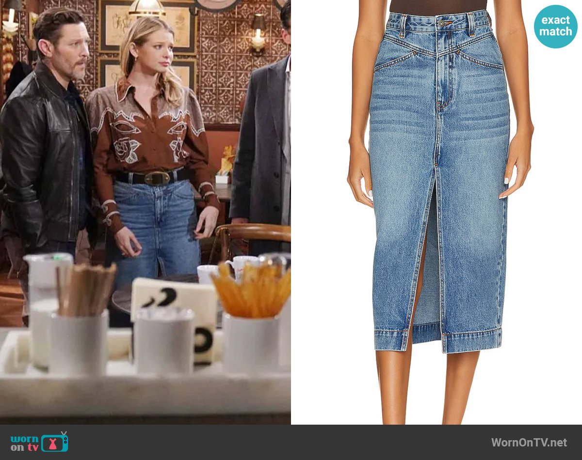 Bardot Jonah Midi Denim Skirt worn by Summer Newman (Allison Lanier) on The Young and the Restless