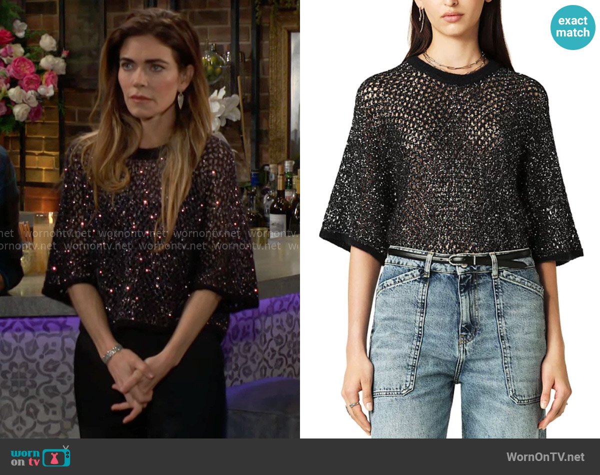 ba&sh Nate Oversized Mesh Crewneck Top worn by Victoria Newman (Amelia Heinle) on The Young and the Restless