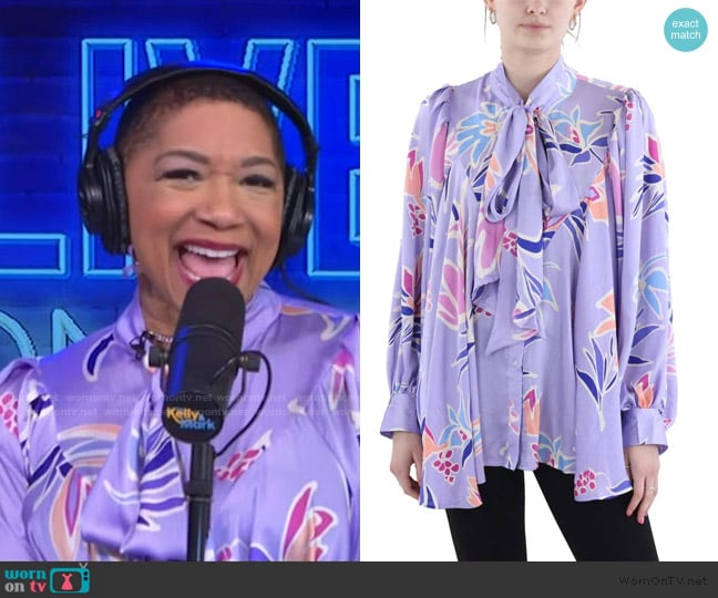 Deja Vu’s lavender floral tie neck blouse on Live with Kelly