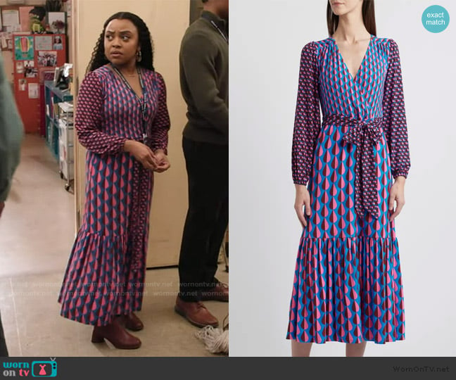 Janine’s blue geometric print wrap dress on Abbott Elementary