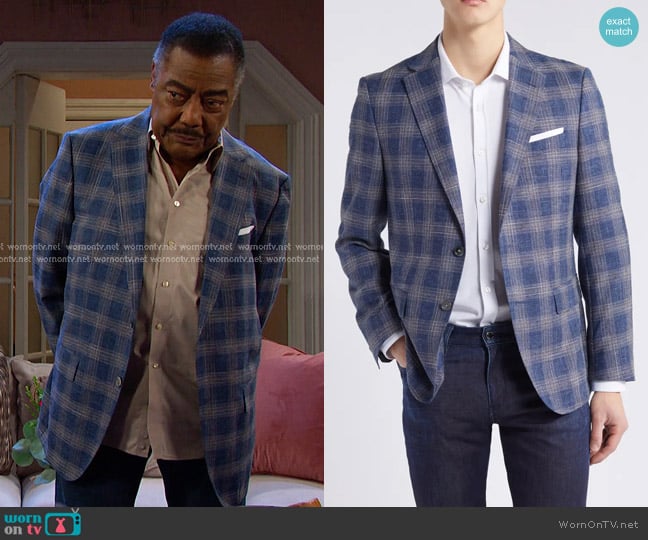 Boss Hutson Plaid Wool Blend Sport Coat in Open Blue worn by Abe Carver (James Reynolds) on Days of our Lives