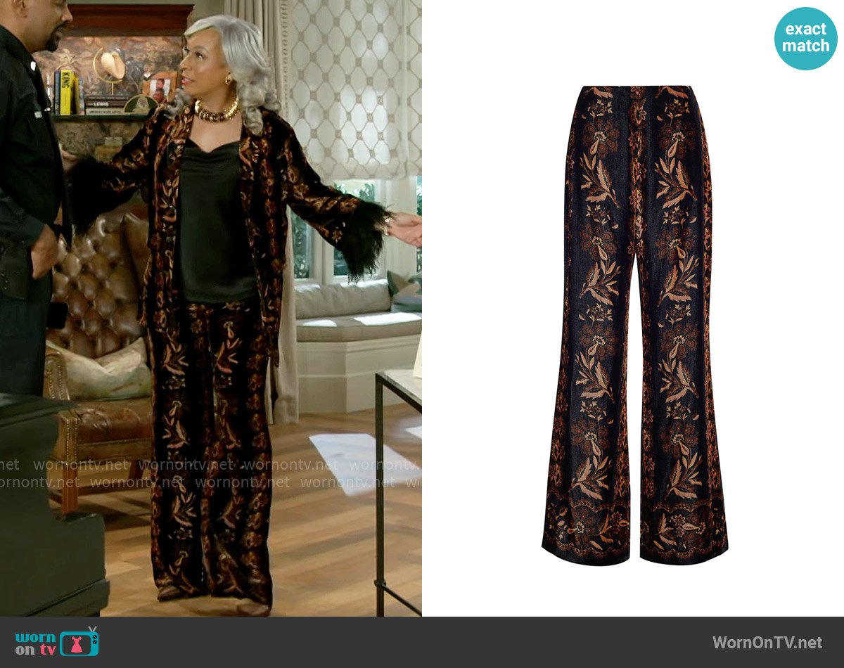 Anita’s floral velvet pants on Beyond the Gates