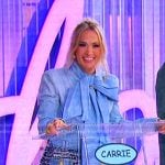 Carrie’s tie neck denim top and tweed mini skirt on American Idol