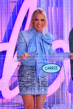 Carrie's tie neck denim top and tweed mini skirt on American Idol