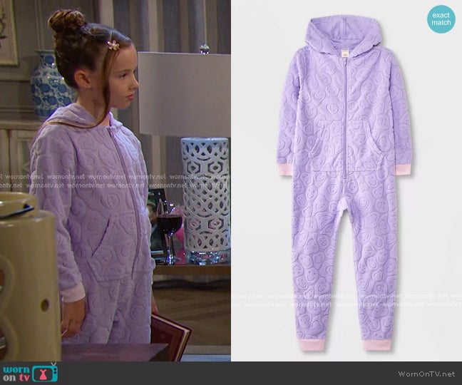 Rachel’s lavendar smiley face fleece onesie on Days of our Lives