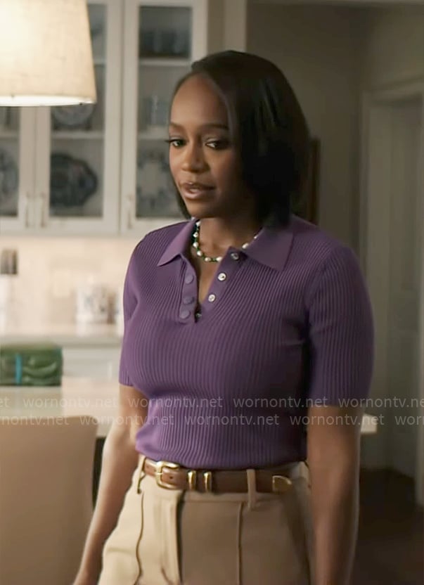 Catherine's purple rib knit polo top on Grosse Pointe Garden Society