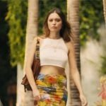 Chelsea’s cropped Blondie tank top and bird print skirt on The White Lotus