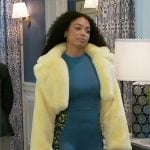 Chelsea’s teal leopard panel tank top and leggings with yellow fur jacket on Beyond the Gates