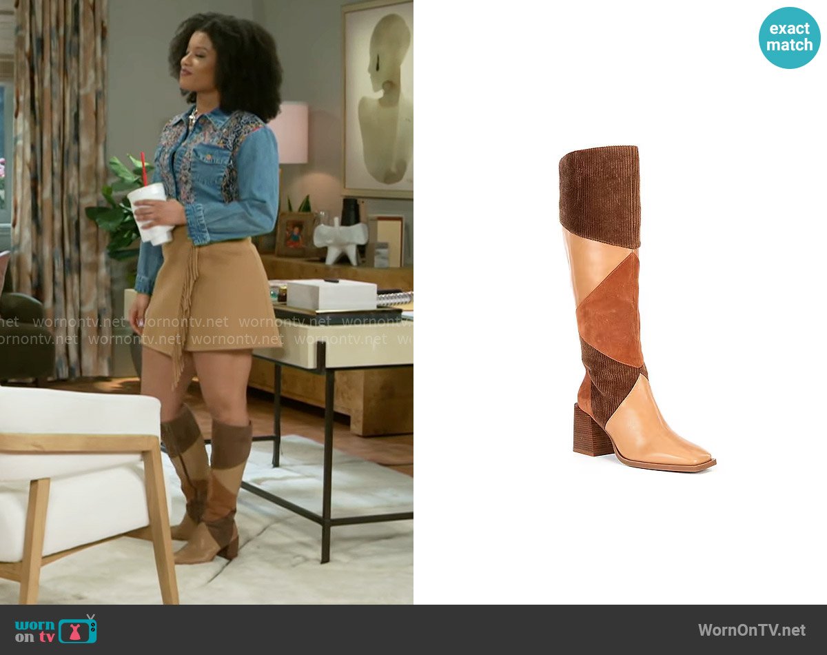 Chelsea & Violet Lulu Colorblock Suede Patchwork Tall Boots worn by Eva Thomas (Ambyr Michelle) on Beyond the Gates