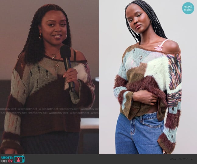 Cider Wool Blend Knitted Boat Neckline Colorblock Long Sleeve Top worn by Janine Teagues (Quinta Brunson) on Abbott Elementary