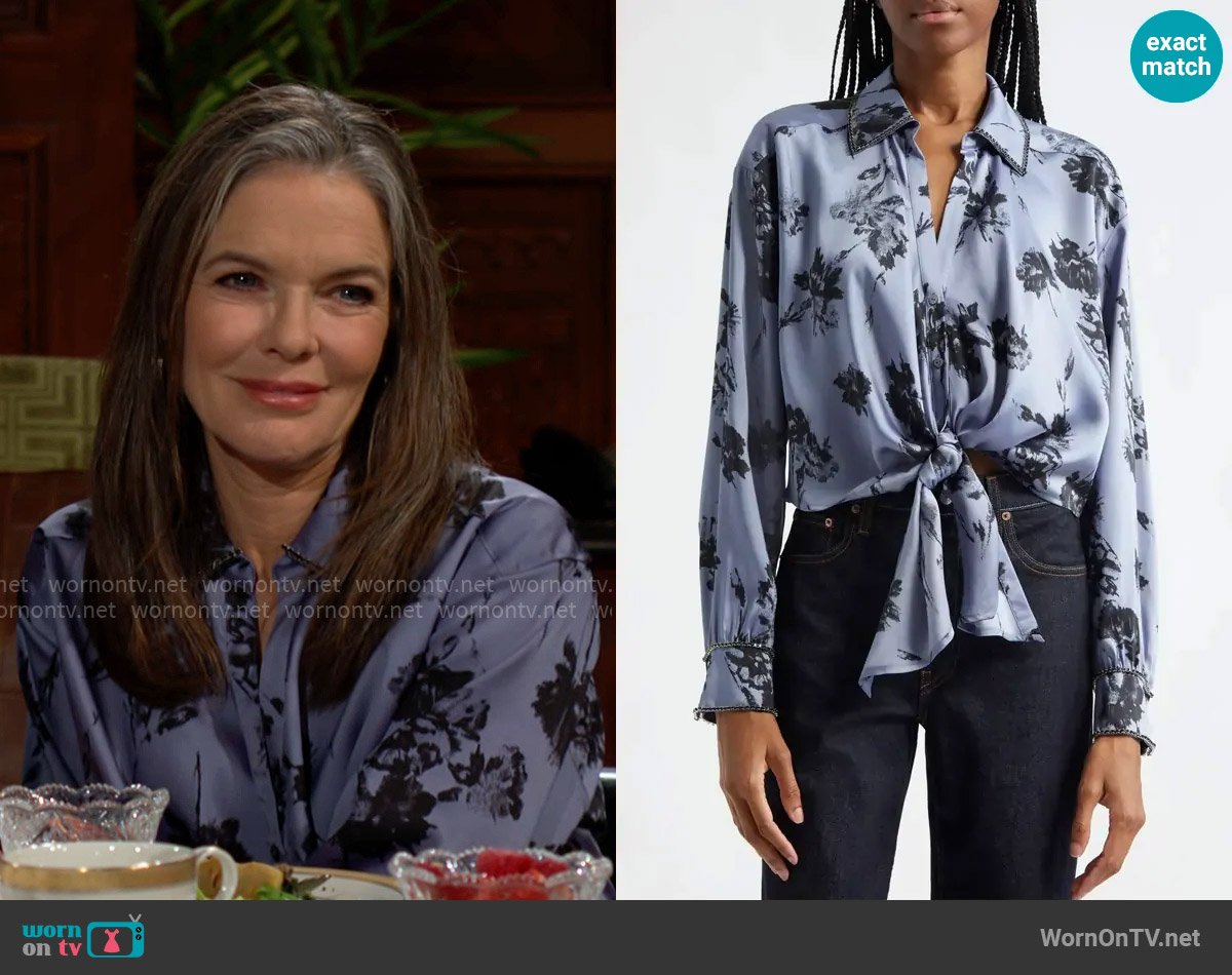 Cinq a Sept Marianna Floral Embellished Tie Front Top in Rustic Blue Multi worn by Diane Jenkins (Susan Walters) on The Young and the Restless