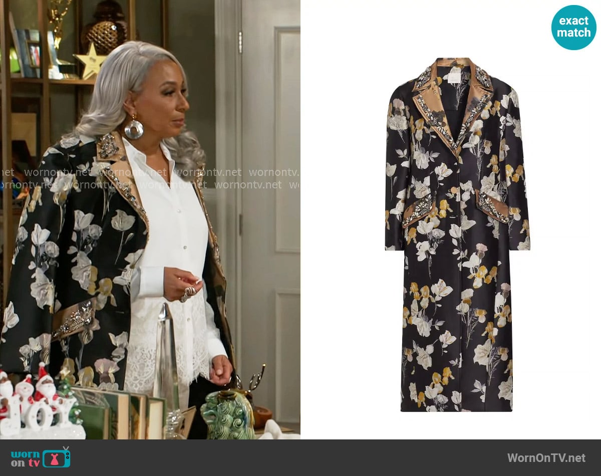 Cinq a Sept Rabia Floral-Beaded Single-Breasted Coat worn by Anita Dupree (Tamara Tunie) on Beyond the Gates