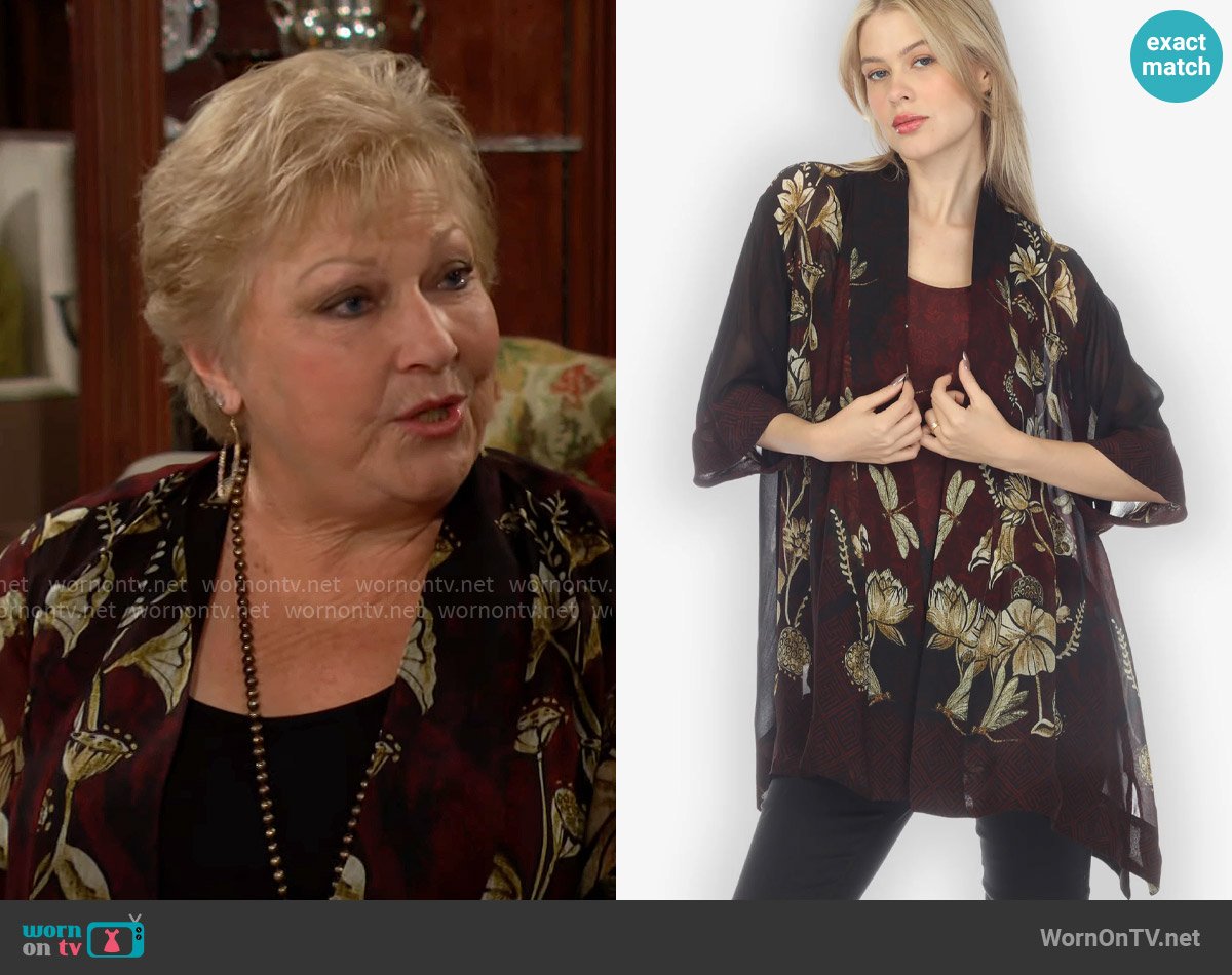 Citron Big Lotus and Dragonfly Kimono Jacket worn by Traci Abbott (Beth Maitland) on The Young and the Restless