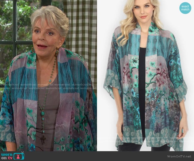 Citron Joy Bloom Border in Blue Kimono Jacket worn by Julie Olson Williams (Susan Seaforth Hayes) on Days of our Lives