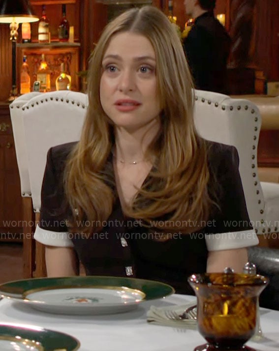 Claire’s black button front top and checked tights on The Young and the Restless