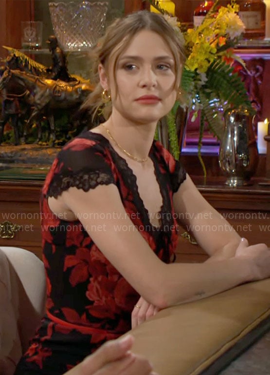 Claire’s red and black floral midi dress on The Young and the Restless