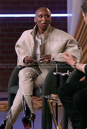 Cynthia Erivo’s white crop tank and leather jacket on The Voice