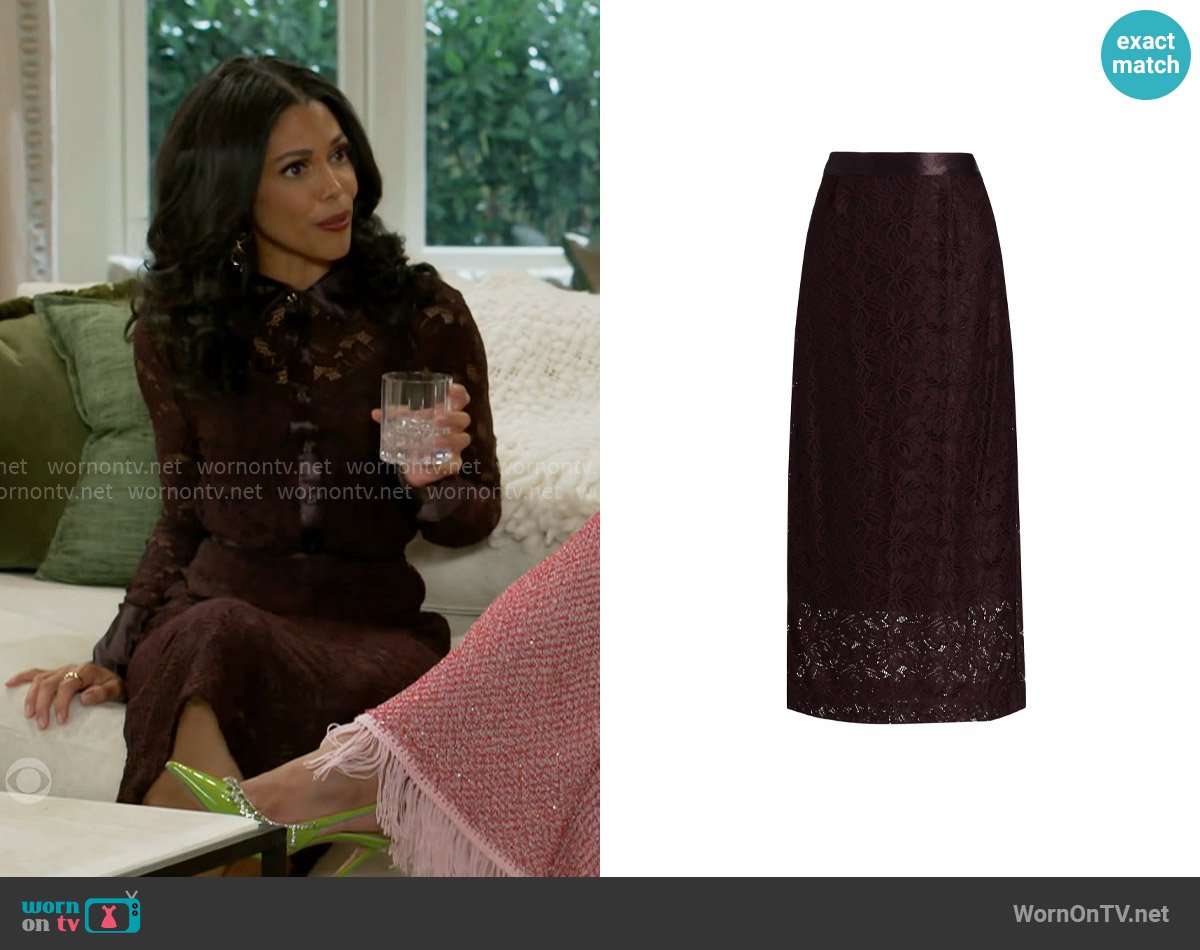 Derek Lam 10 Crosby Marjorie Skirt in Aubergine worn by Dani Dupree (Karla Mosley) on Beyond the Gates