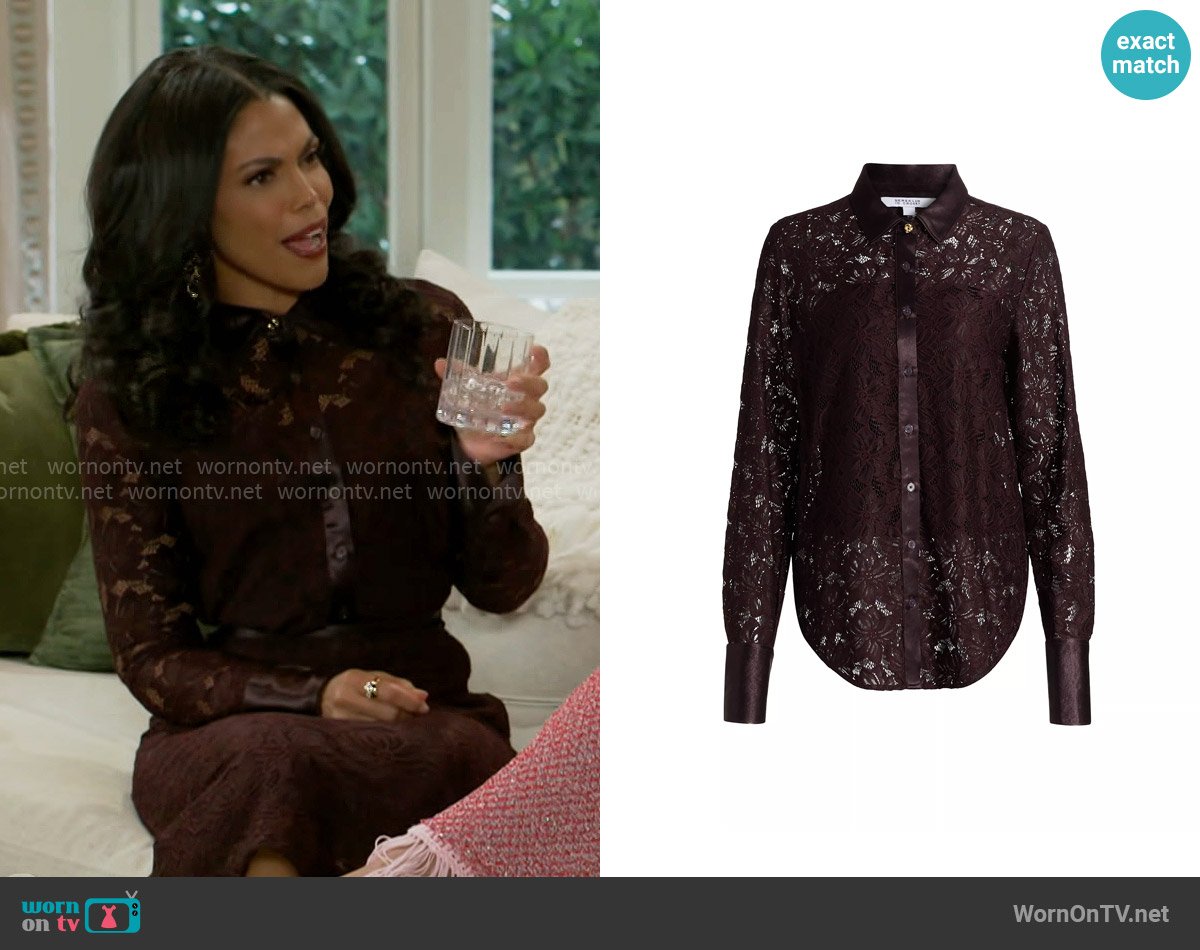 Derek Lam 10 Crosby Raissa Shirt in Aubergine worn by Dani Dupree (Karla Mosley) on Beyond the Gates