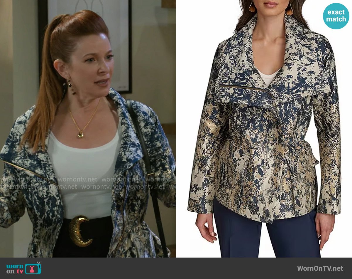 Donna Karan Metallic Jacquard Foldover Collar Elasticized Waist Full Zip Jacket worn by Pamela Curtis (Cady McClain) on Beyond the Gates