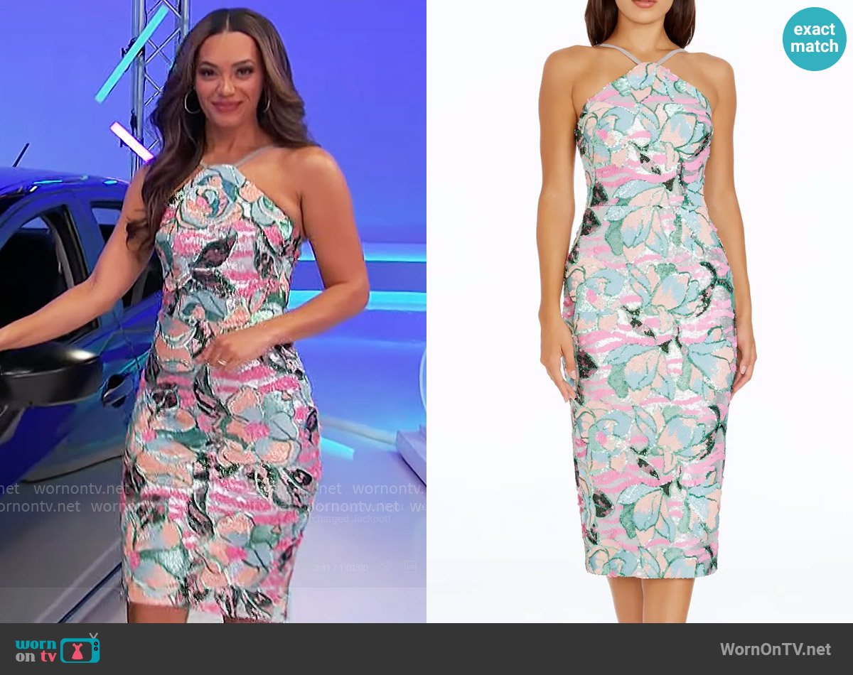 Manuela’s floral sequin halter dress on The Price is Right