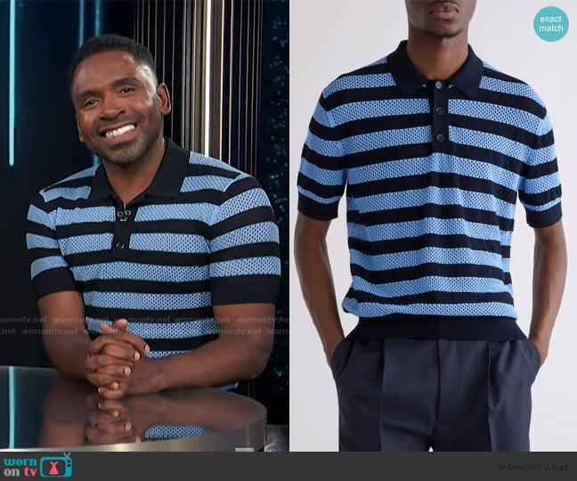 Justin’s blue stripe knit polo on E! News