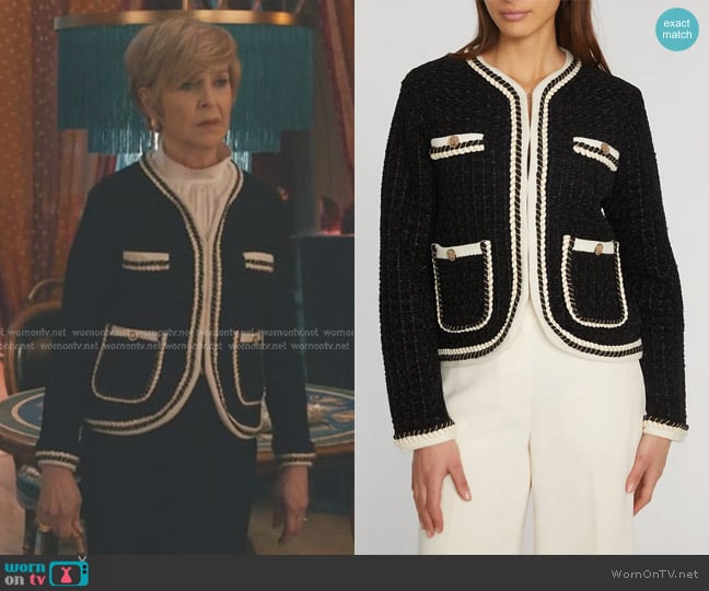 Phyllis’s black contrast trim knit jacket on Elsbeth