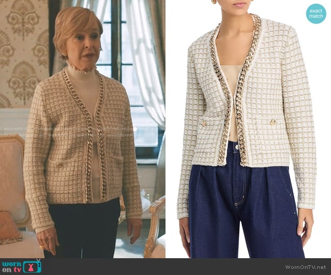 Phyllis’s ivory chain trim cardigan on Elsbeth