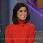 Emma Yang’s red knit sweater on The Kelly Clarkson Show