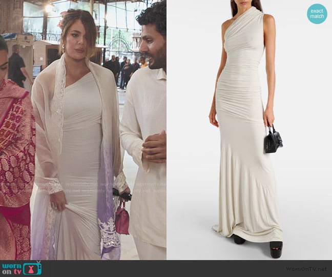 Khloe’s white jersey one shoulder dress on The Kardashians