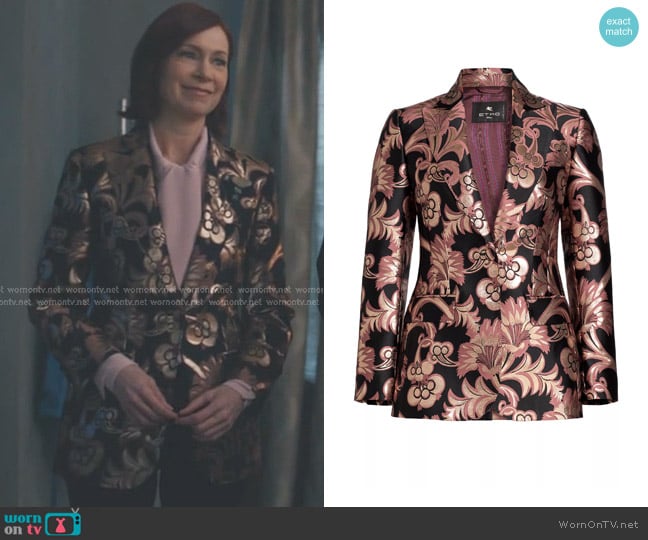 Elsbeth’s metallic floral blazer on Elsbeth