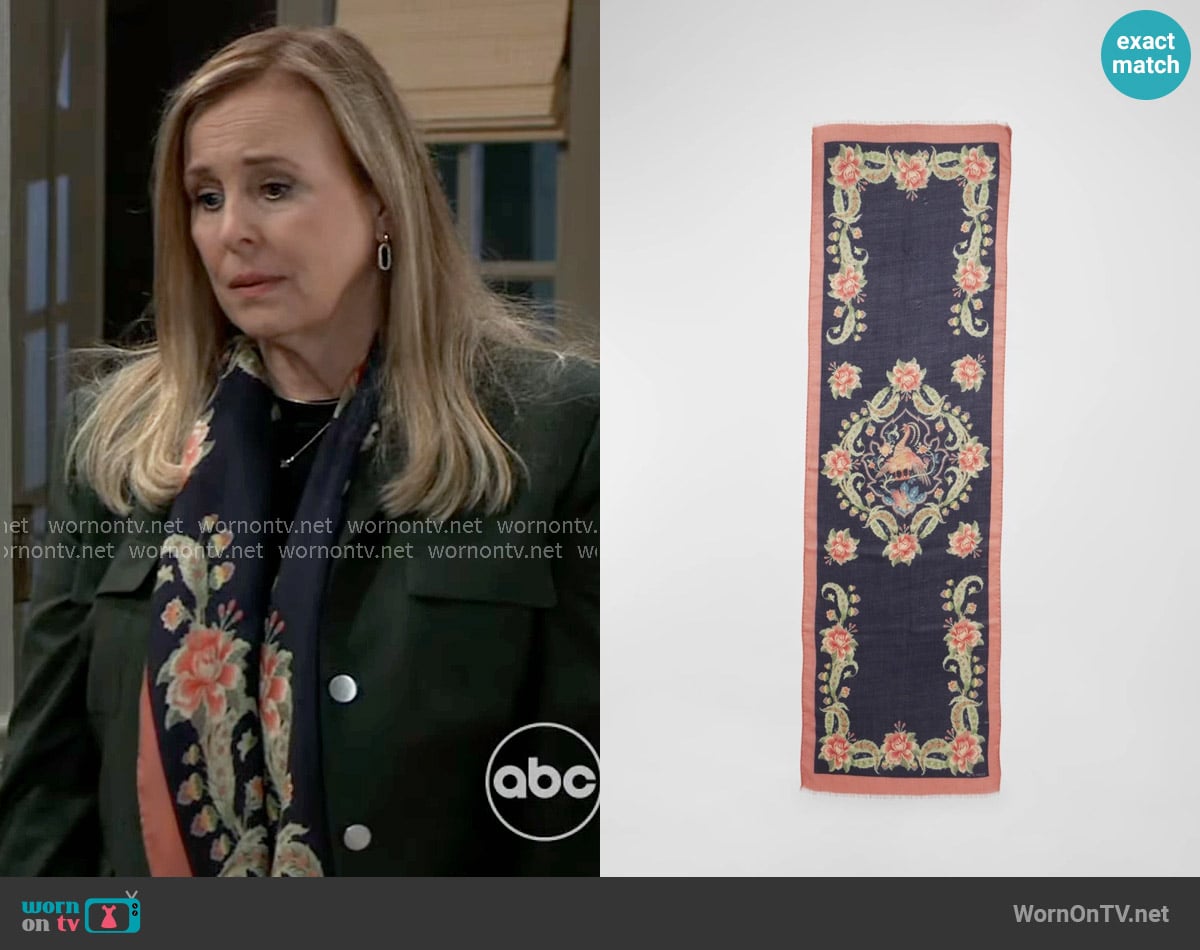 Etro Floral Print Denim Wool-Blend Scarf worn by Laura Collins (Genie Francis) on General Hospital