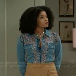 Eva’s denim shirt and fringed wrap skirt on Beyond the Gates