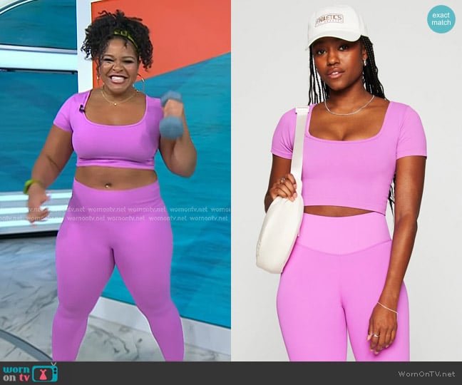 Fabletics Sleek Seamless Scoop Neck Short-Sleeve Top in Electric Orchid worn by Lacee Green on Today