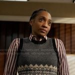 Faith’s printed sweater vest and striped shirt on Will Trent