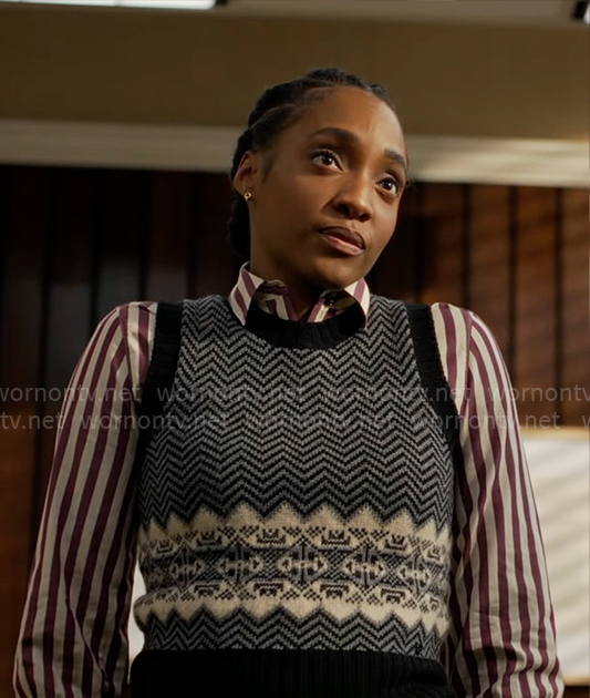 Faith's printed sweater vest and striped shirt on Will Trent