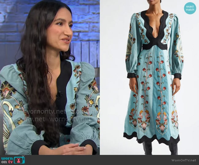 FARM Rio Floral Embroidered Long Sleeve Cutout Linen Midi Dress worn by Nikohl Boosheri on CBS Mornings