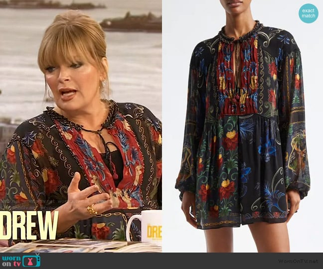 FARM Rio Mixed Arabesque Scarves Print Long Sleeve Minidress worn by Melissa Peterman on The Drew Barrymore Show