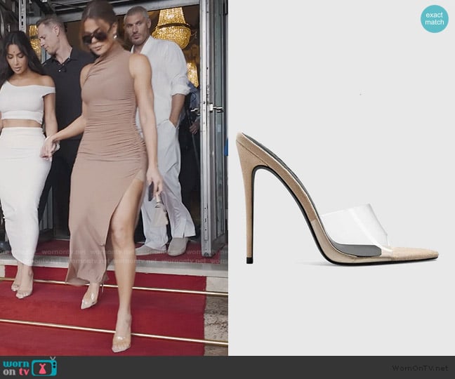 Femme Los Angeles Gianni Suede Mule Desnuda worn by Khloe Kardashian (Khloe Kardashian) on The Kardashians