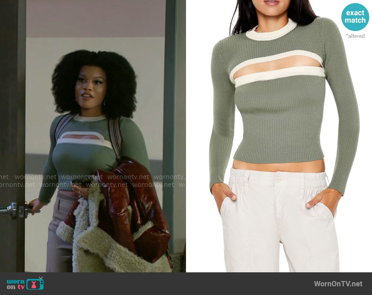 Forever 21 Ribbed Two-Tone Cutout Sweater in Cream / Herbal Green worn by Eva Thomas (Ambyr Michelle) on Beyond the Gates